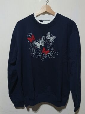 Navy Butterfly Embroidered Crewneck Sweatshirt - Country Store